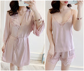 Women's ice silk halter top, shorts, nightgown, three-piece home suit, lace, beautiful silk back nightgown