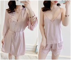 Women's ice silk halter top, shorts, nightgown, three-piece home suit, lace, beautiful silk back nightgown