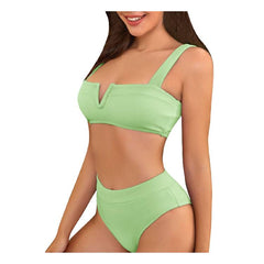Women's High Breast Contrast Gradient Split Bikini Set One Piece Swimsuit Deep V Adjustable Shoulder Beachwear Bathing Suit