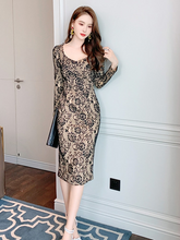 Fashion Korean Women Retro Sexy Square Collar Long Sleeve Midi Party Dress Elegant Lace Hollow Bodycon Skinny Split Female Dress