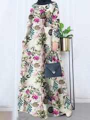 Bohemian Floral Printed Maxi Dress  Women Spring Muslim Abaya Hijab Sundress Vintage Casual Long Sleeve