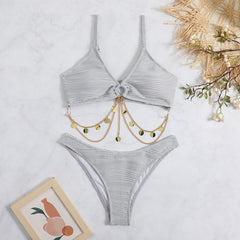 New European and American cross-border split bikini ring hanging chain wave pattern swimsuit women