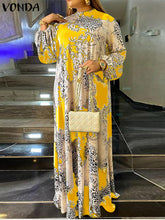 Elegant Dresses For Women VONDA 2022 Vintage Printed Round Neck Long Puff Sleeve Pleated A-Line Dresses Bohemian Party Summer Plus Size Long Dresses