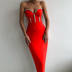 Sexy Strapless Women Bandage Bodycon Dress 2023 New Elegant Beaded Evening Club Midi Dress Summer Autumn Clothes