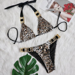 Women's bikini swimsuit European and American ins net red wind vacation sexy leopard print diamond low waist gather split swimsuit