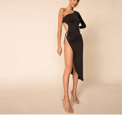 Fashionable one-shoulder long-sleeved dress European and American sexy slit party evening dress
