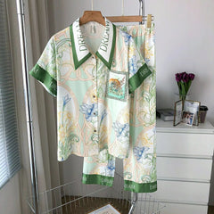 Pajamas summer short-sleeved trousers ice and snow silk ink painting suit ice silk large size home clothes