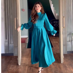 Women's Elegant Lotus Leaf Long Sleeve Stand Collar High Waist Dress