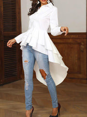 ZANZ women's elegant ruffled shirt spring and autumn loose casual lapel long-sleeved irregular solid color shirt skirt large size top women's European and American bohemian style