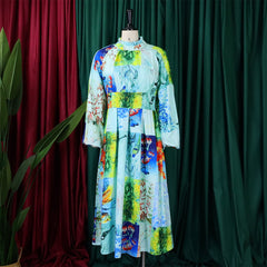 Non-positioning printing large size women's fashion temperament printing stand collar puff sleeve skirt dress 4-29