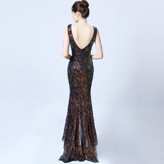 Ladies Fashion Sexy Slim Sequined Deep V Banquet Long Evening Dress