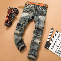Men's Jeans  Pants Stitching Jeans Bicycle   Men's Straight Casual Designer Military Multi Pockets