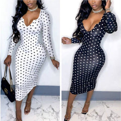 Deep V Low Cut Bodycon Midi Dress Vintage Women Polka Dot Sheath Dress Office Lady Skinny Long Sleeve Dress Autumn Spring