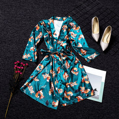 European and American bathrobe silk women's home sleep pajamas fox print micro-bomb home clothes