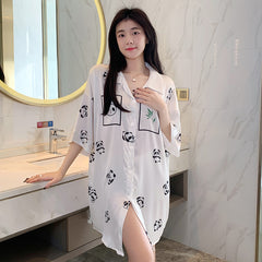 Cute National Treasure Pajamas Shirt Collar Nightdress Simple Huaer Cotton Home Service