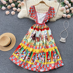 European and American temperament street shooting holiday wind printing mid-length dress retro court style temperament waist waist big skirt
