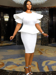 AOMEI Women Party Dress Stylish Short Sleeves Ruffles Peplum Bodycon White Event Birthday Wedding Guest Female Large Size Ladies