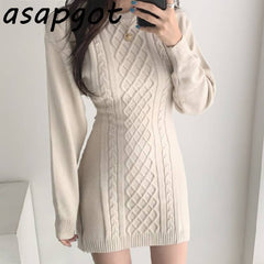 Korean Ins Autumn Winter Temperament Round Neck Sweater Dress Bodycon Open Back Slim Wrap Hip Knitted Dress Women Chic Thick