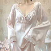 QWEEK Satin Nightgown Elegant Dresses Women Autumn Sleepwear Lace Nightwear Long Sleeve Vintage Nightie Sexy Gown Vestidos