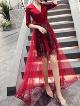 Women's front short and back long fashionable party dress V-neck mid-sleeve fringed sequin birthday party dress Slim bag hip skirt