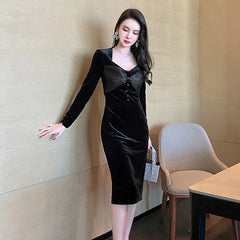 Fashion Women Retro Square Collar Bow Button Midi Dress Temperament Elegant Sexy Street Clothes Bodycon Female Dress With Slit