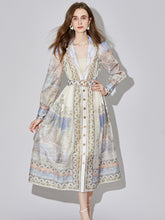 639 shot new end silk linen long-sleeved printed court style dress with belt