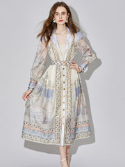 639 shot new end silk linen long-sleeved printed court style dress with belt