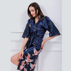 sleepwear Home Clothing Women Silky Satin Kimono Bathrobe Dress Gown Flower Long Sleepwear Casual Print Half Sleeve Women Nightdress Sexy Pajamas