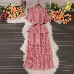Retro high-end light luxury temperament stand collar hook flower hollow waist a-line lace cake dress elegant long skirt