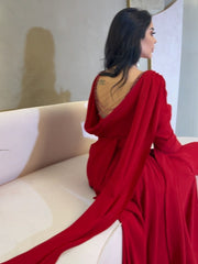 Rose Color Waisted Elegant Hem Slit Gown Dress