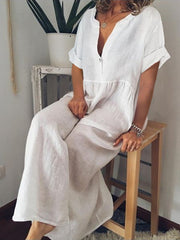 Amazon's foreign trade to Europe and the United States women's fashion summer V collar short sleeve cotton pure color loose big yards dress