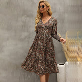 فساتين نسائية بوهو ستايل مطبوعة بالورود متوسطة الطول أنيقة بياقة على شكل V وأكمام طويلة فساتين على شكل حرف A للسيدات بخصر مطاطي Mujer