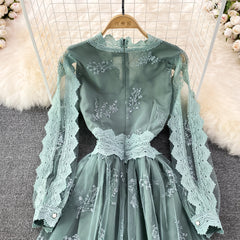 Light luxury V-neck lantern long-sleeved waist net gauze big a-line dress elegant temperament long skirt