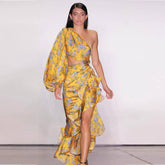 European and American fashion sexy slim bag hip skirt slanted shoulder floral irregular ruffle dress