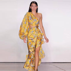 European and American fashion sexy slim bag hip skirt slanted shoulder floral irregular ruffle dress