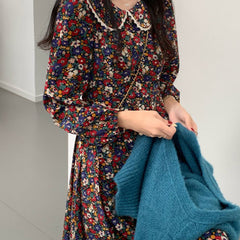 Long-sleeved retro printed dress women's full-court sweet Peter Pan collar elegant women's students full-court aesthetic autumn