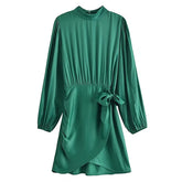 Women Green Color Mini Dress Lantern Long Sleeve Irregular Hem A Line Dresses Female Elegant Side Bow Tie Pleated Dress