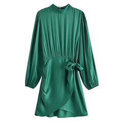Women Green Color Mini Dress Lantern Long Sleeve Irregular Hem A Line Dresses Female Elegant Side Bow Tie Pleated Dress