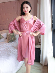 Ladies Fashion Sweet Ice Silk Sling Nightdress Nightgown Elegant Romantic Homewear Set