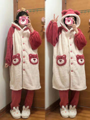 Cute Coral Fleece Strawberry Bear Pajamas Women's 2023 New Winter Thickened and Velvet Outerwear Flannel Suit