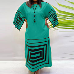 VONDA ladies European and American black big size hit color retro geometric print dress lady temperament elegant simple casual round neck long-sleeved trumpet sleeves A-line skirt large skirt daily spring and autumn fashion trend long skirt