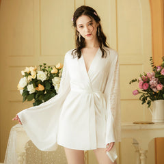 Long sleeved nightgown female spring and Summer Palace wind silk pajamas sweet large size ice silk home clothes