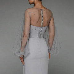 Party Dresses Women Evening Elegant Puff Sleeve Hollow Out Mesh Strapless Bodycon Dress Backless Split Prom Wedding Maxi Dress