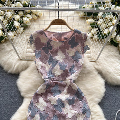 French temperament high-end sense butterfly hollow hook flower lace dress female waist slimming elegant lady bag hip skirt