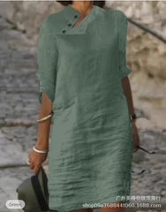 2023 Amazon independent station spring and summer new casual stand collar button cotton linen solid color mid-sleeved dress
