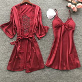 Sexy Lace Robe Sets With Belt 2PCS Women's Satin Pijamas Set Nightgown Silk Summer Sleepwear Bathrobe Female Pijamas M-XL