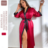 European and American new large size pajamas women's long simulation silk sexy nightdress fashion casual tie pajamas