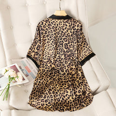 Women's Sexy Leopard Print Pajamas Shirt Collar Short Sleeve Homewear Simulated Silk Nightdress