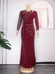 Women's large size long-sleeved hot diamond beaded mermaid skirt evening dress dress
