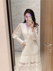 Light luxury celebrity temperament high-end slim waist dress women's fashion sexy lace stitching V-neck a-line small dress